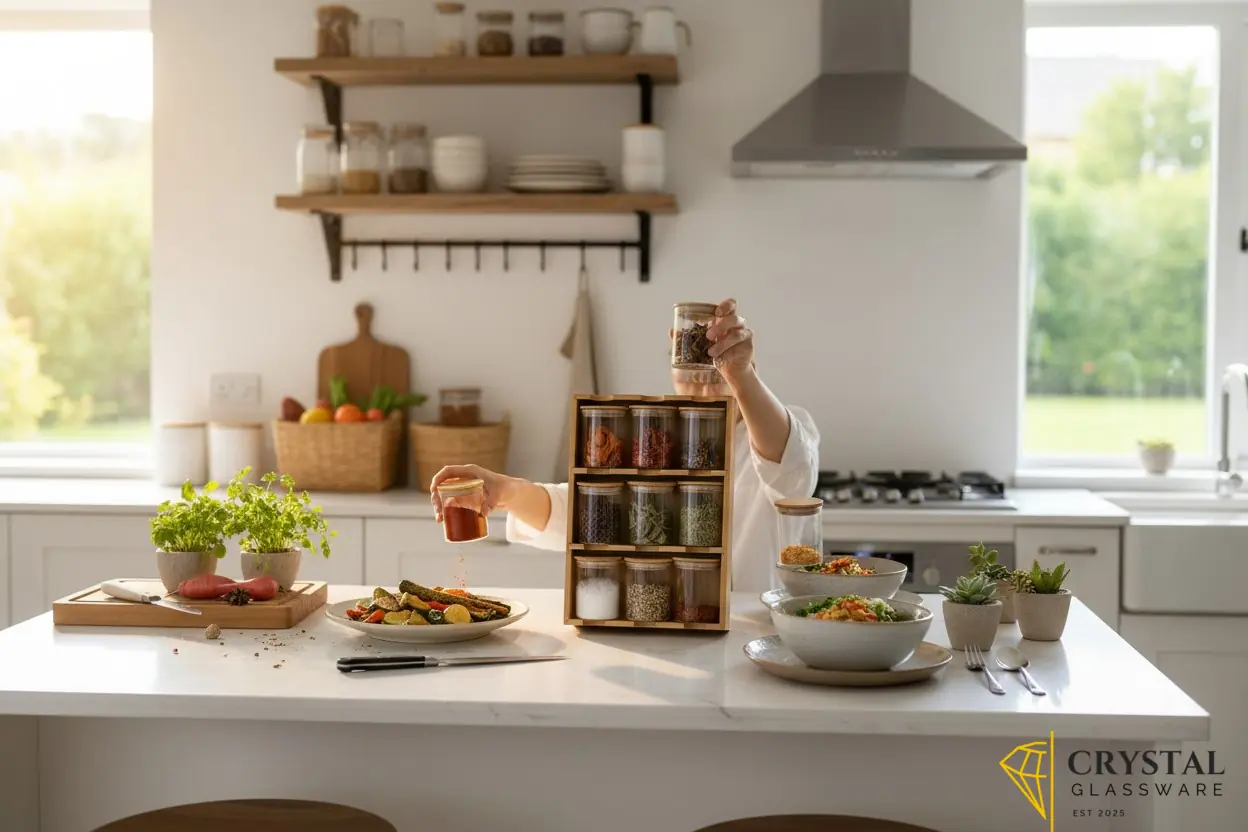 9-piece spice rack features clear glass jars with bamboo lids